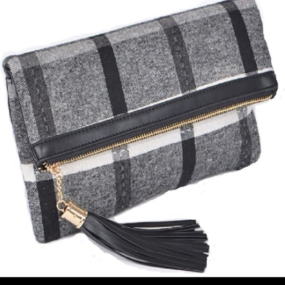NEW Classic Grey Plaid Tweed Crossbody Bag Clutch
